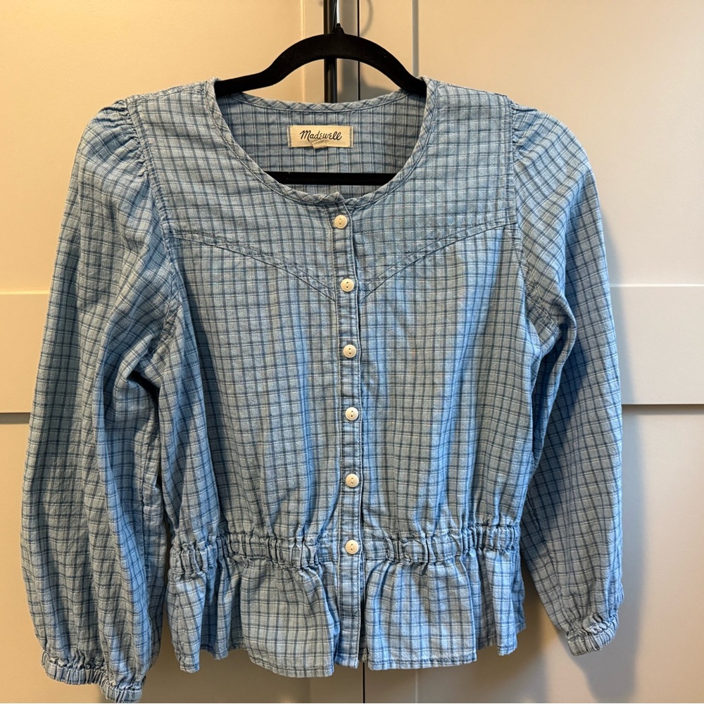 Madewell Blue Plaid Peplum Top / Size S
